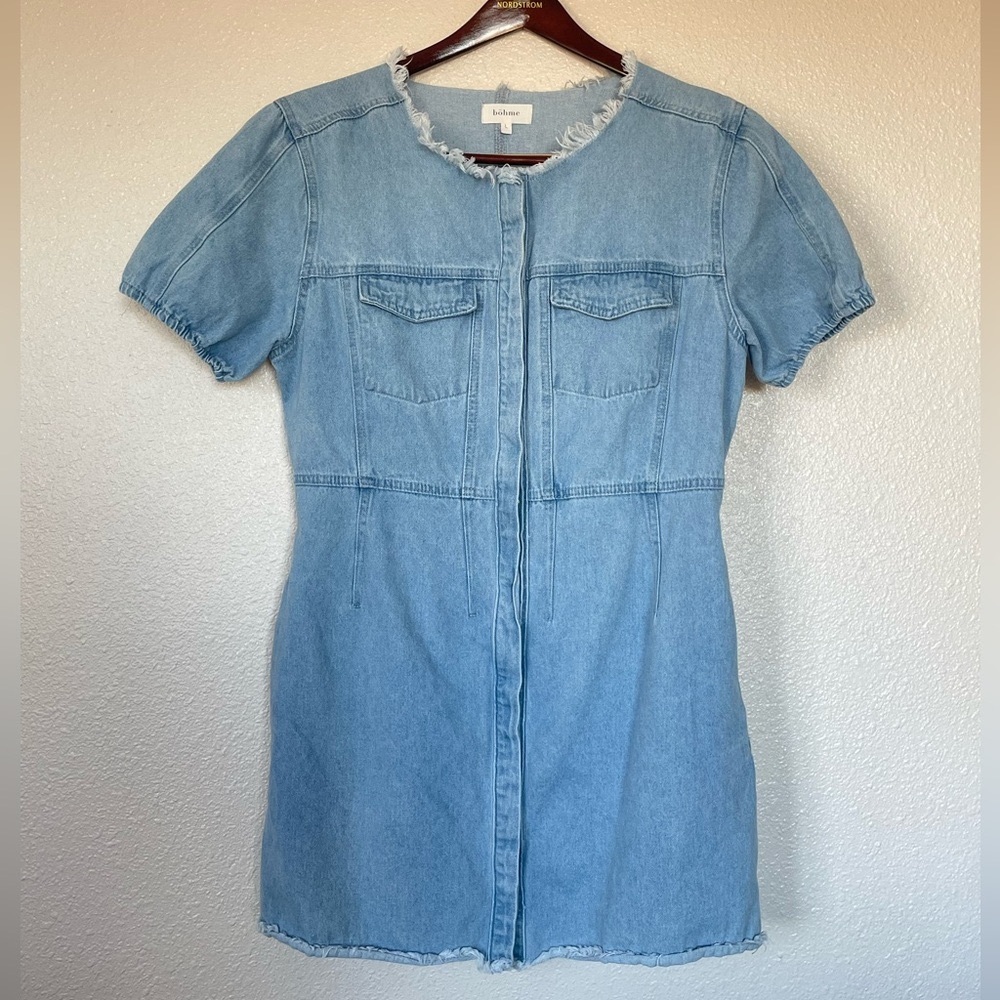 Bohme Frayed Denim Mini Dress WITH POCKETS | Short Sleeve Snap-Button | …